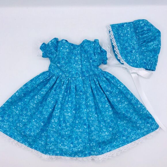 Bright Blue W Lace Pioneer Doll Dress & Bonnet, Handmade Outfit, For 18" Dolls - Picture 3 of 9